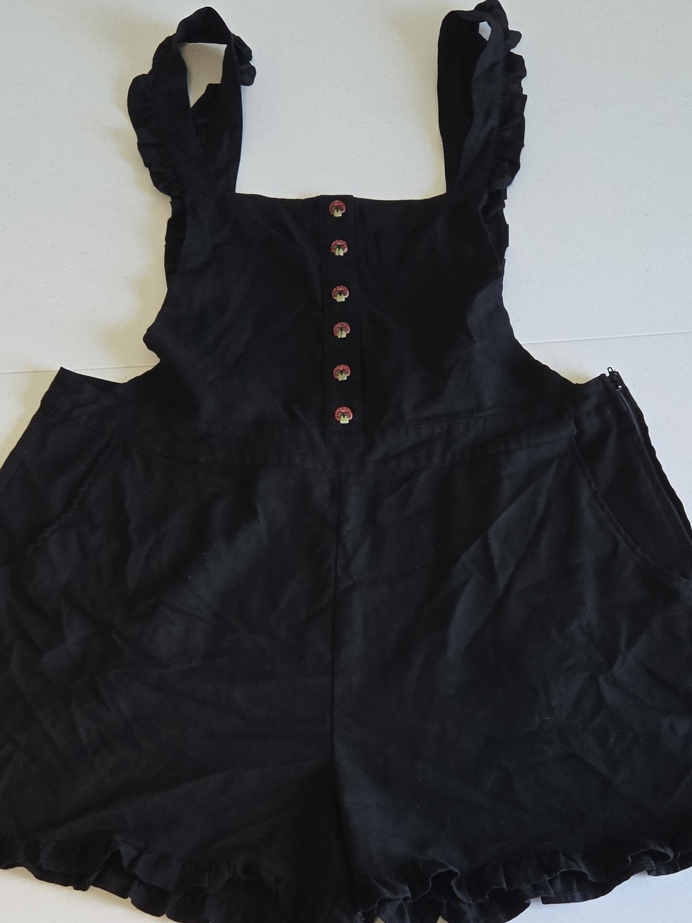 Thorn & Fable Black Mushroom Ruffle-Strap Short Overalls Romper 2 (2X) 4" Inseam